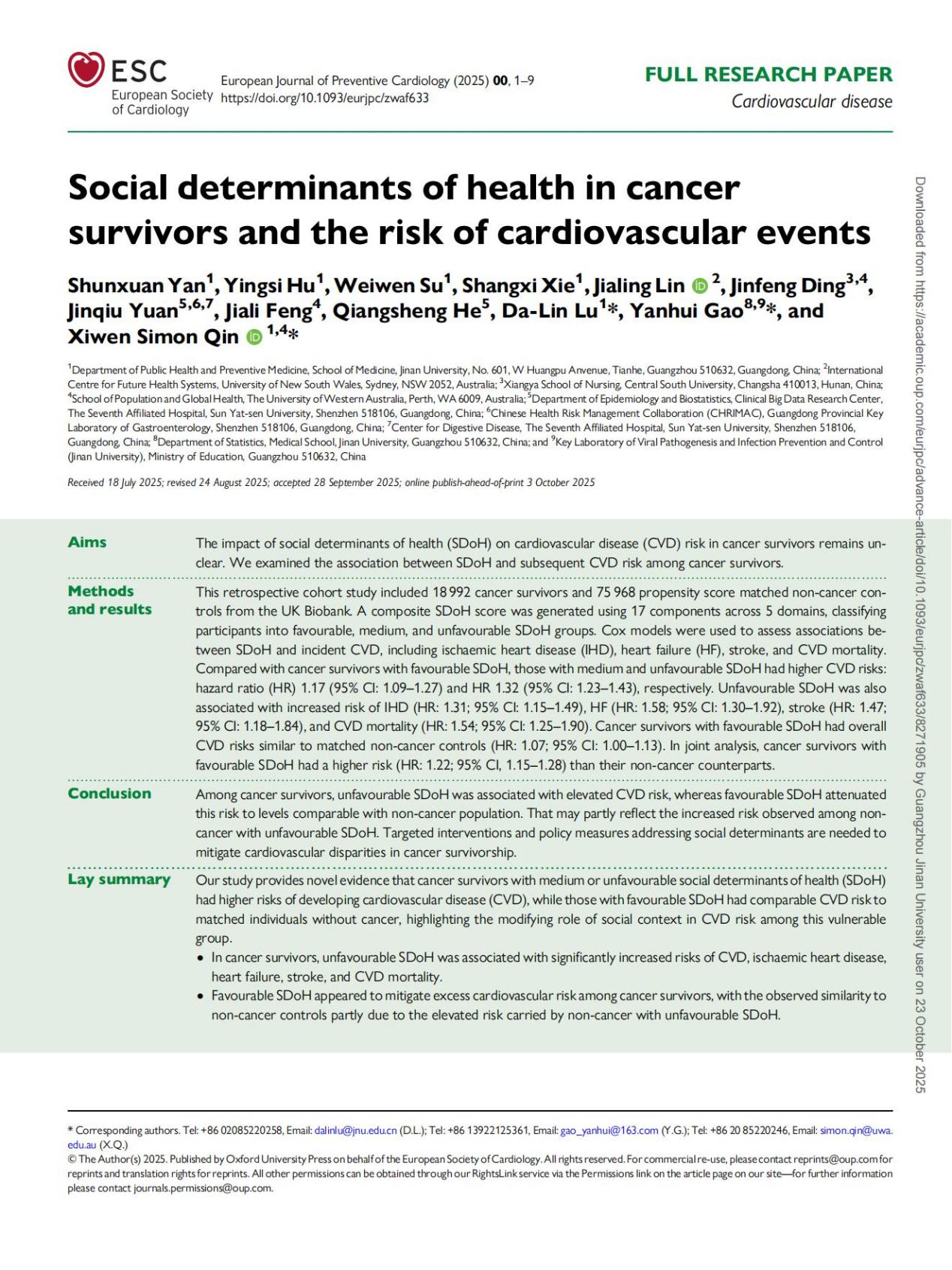 Social determinants of health in cancer survivors and the risk of cardiovascular events